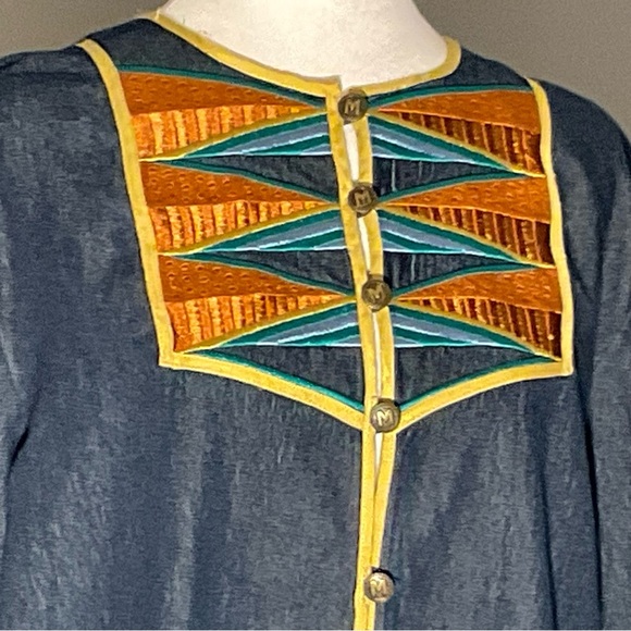 Bob Mackie Med Wearable Art Denim Shirt Inset/Cuffs Colorful Tribal Embroidery - Picture 1 of 16